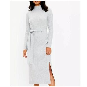 LOFT Small Petite Midi Ribbed Sweater Dress Softest Wool Blend Grey *No Belt NWT